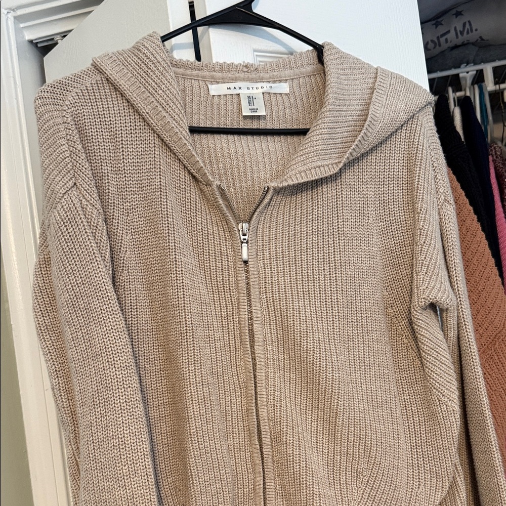 Max Studio Taupe Zip-Up Women's Sweater